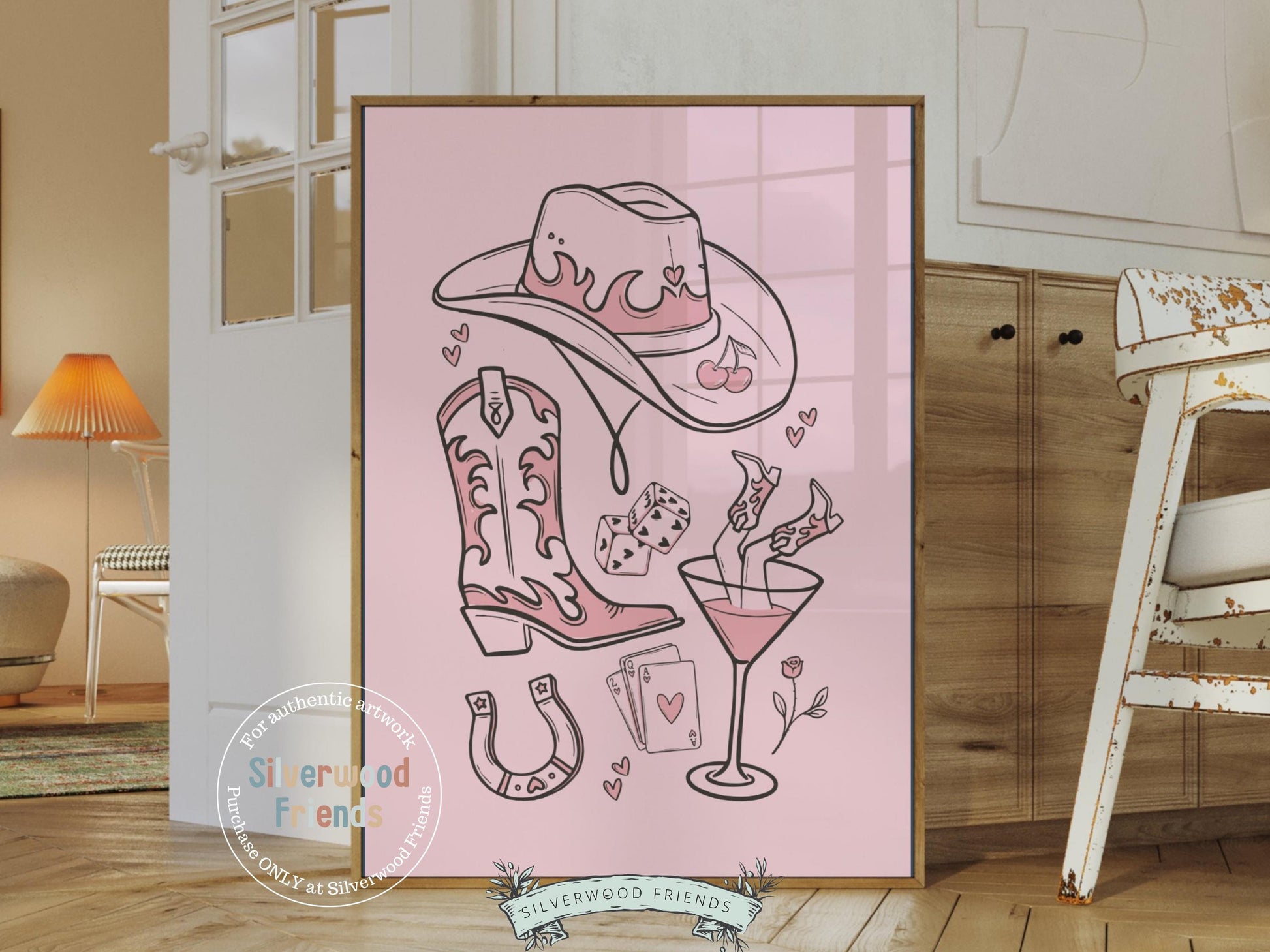 Pink Cowgirl Hat Print, Cowgirl Boots Print, Martini Print, Coquette Room Decor, Western Horse Shoe Wall Art, Dopamine Decor Digital Print