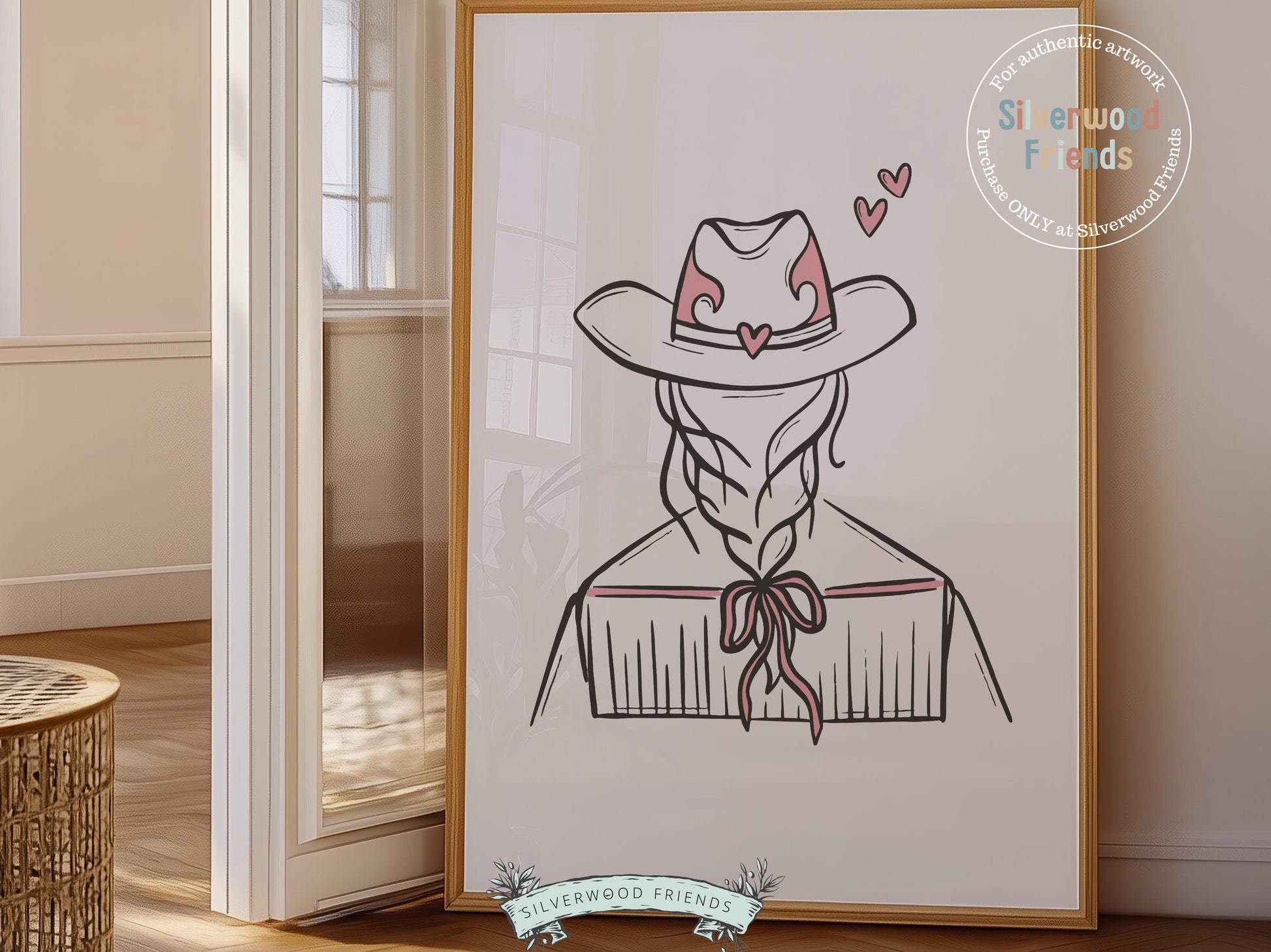 Add a touch of western charm to your space with our Cowgirl Print, showcasing a stylish line drawing of a cowgirl in a hat, illustrated in soft pink and brown tones. Perfect for country-themed decor, this versatile piece adds a playful yet feminine flair to any cowgirl-inspired room or gallery wall.
