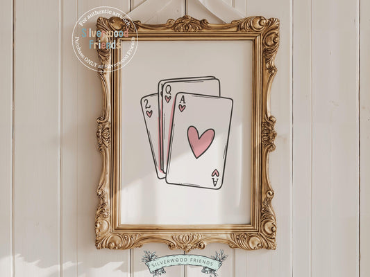 Add a splash of western flair to your space with our Playing Cards Print, featuring an Ace of Hearts in a stack of minimalist pink playing cards. Perfect for country-themed decor, this stylish and versatile piece brings a playful yet polished touch to any cowgirl-inspired room or gallery wall.