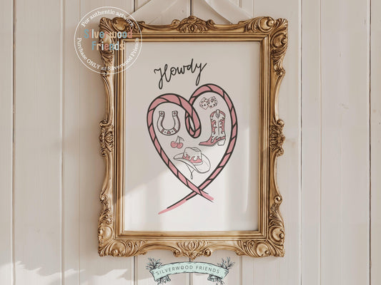 Add a playful dose of western sass to your space with our Cowgirl Print, featuring a pink rope heart filled with cowgirl essentials—hat, boots, dice, and a horseshoe—topped off with the word “Howdy” in fun, whimsical script. Perfect for country-themed decor, this charming artwork adds a bold and feminine flair to any cowgirl-inspired room or gallery wall.