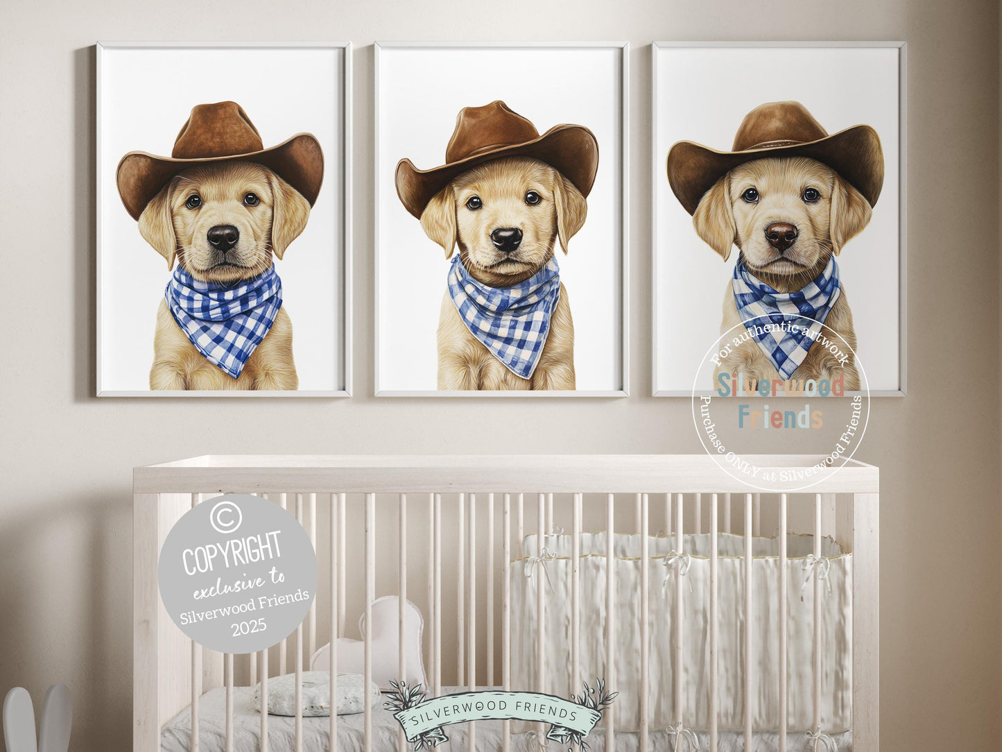 Aww! Cuteness overload! Add a touch of rustic charm to your baby&#39;s nursery with our Cowboy Nursery Prints, featuring adorable blonde labrador puppies dressed in cowboy hats and blue check bandanas. Perfect for dog-loving families, this heartwarming artwork brings a playful western vibe and makes a thoughtful baby shower gift.