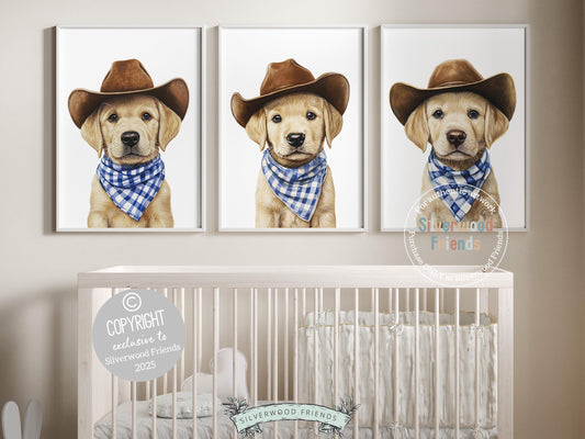 Aww! Cuteness overload! Add a touch of rustic charm to your baby&#39;s nursery with our Cowboy Nursery Prints, featuring adorable blonde labrador puppies dressed in cowboy hats and blue check bandanas. Perfect for dog-loving families, this heartwarming artwork brings a playful western vibe and makes a thoughtful baby shower gift.