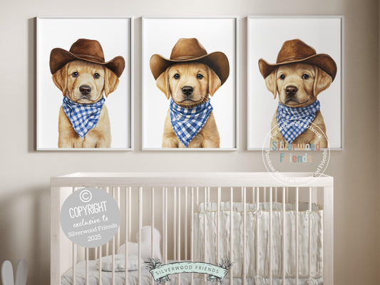 Too cute to resist! Bring rustic charm to your baby’s nursery with our Cowboy Nursery Prints, starring sweet blonde labrador puppies in cowboy hats and blue check bandanas. Perfect for dog-loving families, this playful western artwork adds warmth and makes a unique, thoughtful baby shower gift.