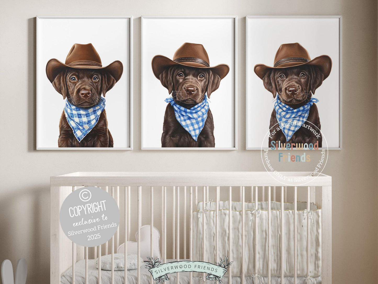 Aww! Cuteness overload! Add a touch of rustic charm to your baby&#39;s nursery with our Cowboy Nursery Prints, featuring adorable chocolate brown labrador puppies dressed in cowboy hats and blue check bandanas. Perfect for dog-loving families, this heartwarming artwork brings a playful western vibe and makes a thoughtful baby shower gift.