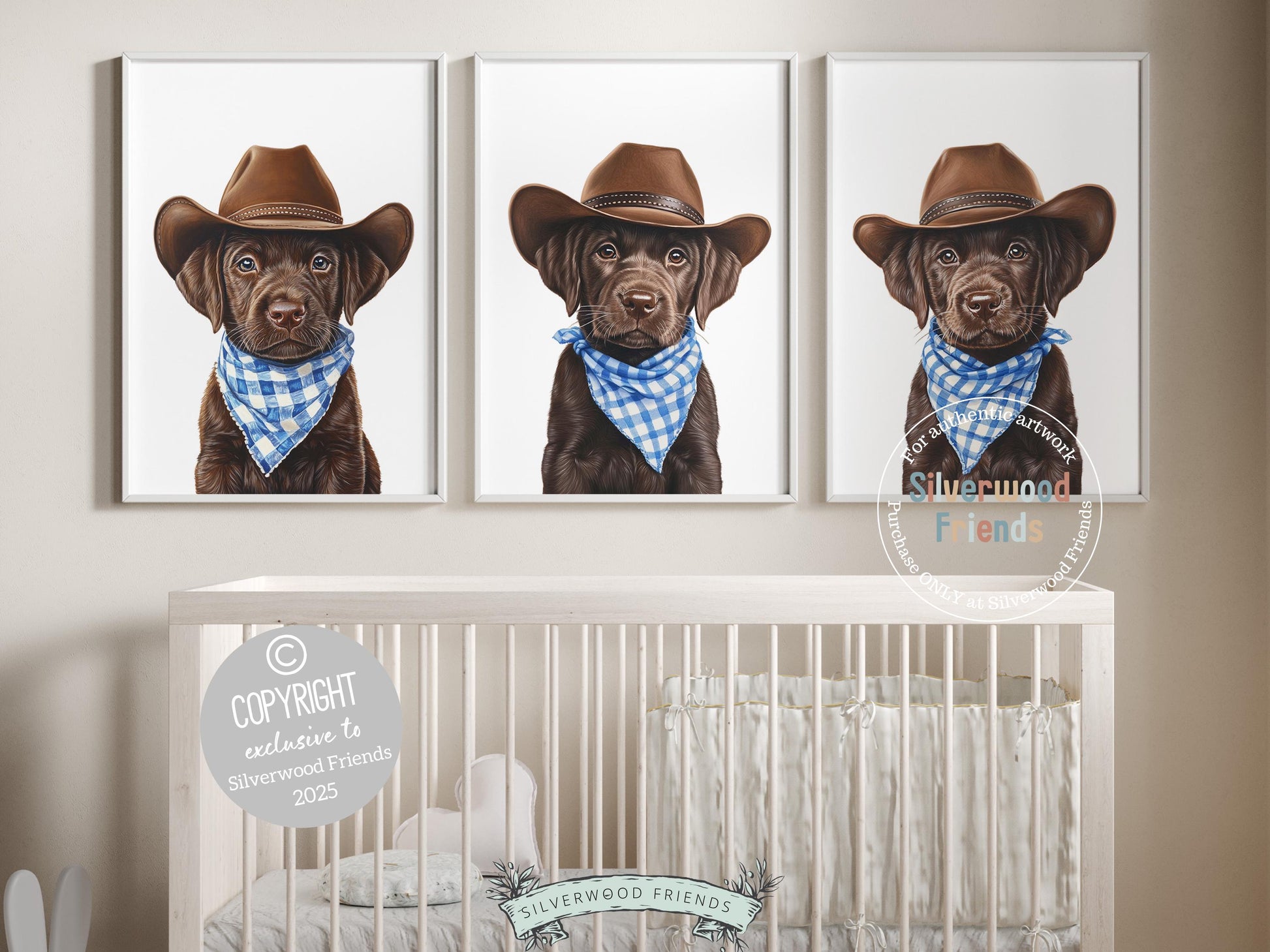 Aww! Cuteness overload! Add a touch of rustic charm to your baby&#39;s nursery with our Cowboy Nursery Prints, featuring adorable chocolate brown labrador puppies dressed in cowboy hats and blue check bandanas. Perfect for dog-loving families, this heartwarming artwork brings a playful western vibe and makes a thoughtful baby shower gift.
