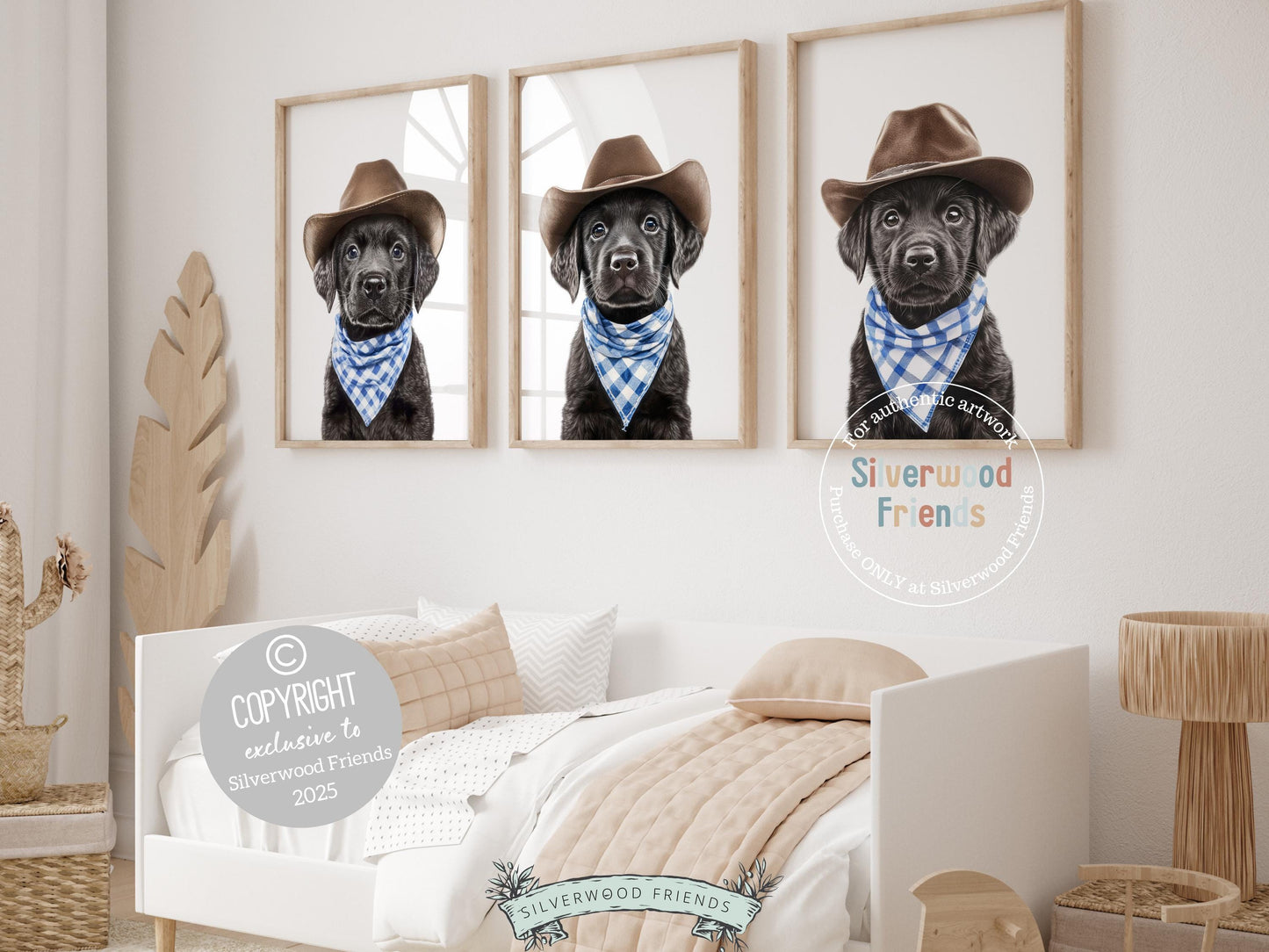 Aww! Cuteness overload! Add a touch of rustic charm to your baby&#39;s nursery with our Cowboy Nursery Prints, featuring adorable black labrador puppies dressed in cowboy hats and blue check bandanas. Perfect for dog-loving families, this heartwarming artwork brings a playful western vibe and makes a thoughtful baby shower gift.