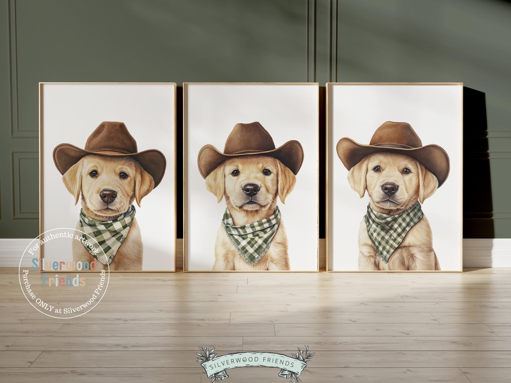 Aww! Cuteness overload! Add a touch of rustic charm to your baby&#39;s nursery with our Cowboy Nursery Prints, featuring adorable blonde labrador puppies dressed in cowboy hats and sage green check bandanas. Perfect for dog-loving families, this heartwarming artwork brings a playful western vibe and makes a thoughtful baby shower gift.