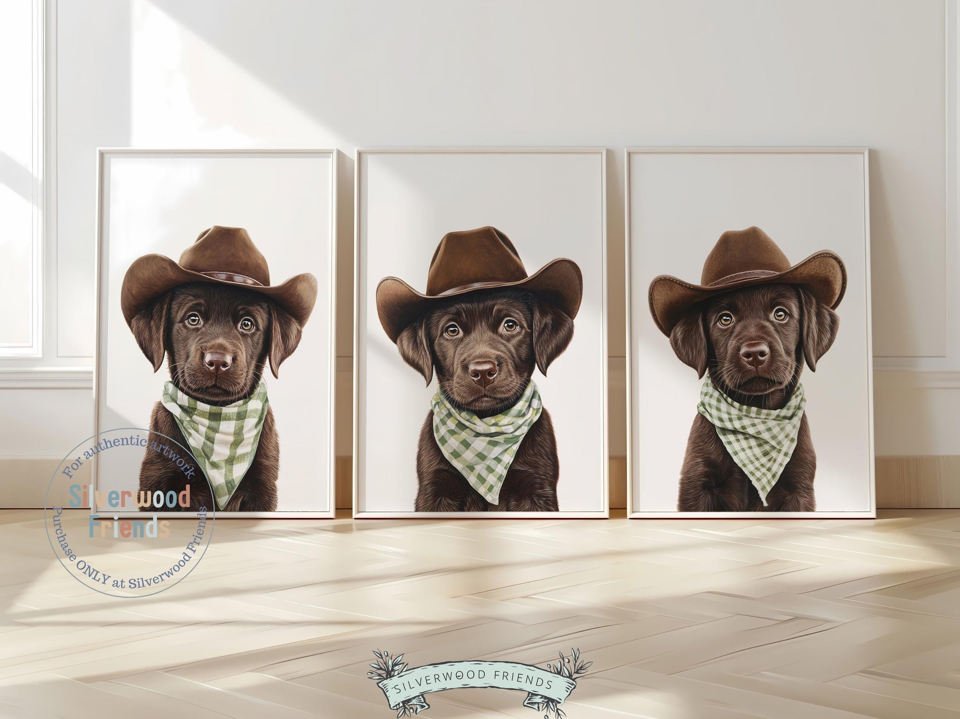 Aww! Cuteness overload! Add a touch of rustic charm to your baby&#39;s nursery with our Cowboy Nursery Prints, featuring adorable chocolate brown Labrador puppies dressed in cowboy hats and sage green check bandanas. Perfect for dog-loving families, this heartwarming artwork brings a playful western vibe and makes a thoughtful baby shower gift.