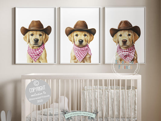 Aww! Cuteness overload! Add a touch of rustic charm to your baby&#39;s nursery with our Cowboy Nursery Prints, featuring adorable blonde Labrador puppies dressed in cowboy hats and pink and white check bandanas. Perfect for dog-loving families, this heartwarming artwork brings a playful western vibe and makes a thoughtful baby shower gift.