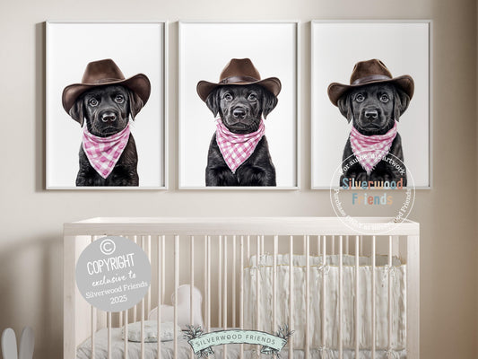 Oh my, too cute to handle! Add a dash of rustic charm to your baby girl&#39;s nursery with our Cowboy Nursery Prints, starring adorable black Labrador puppies in cowboy hats and sweet pink-and-white checkered bandanas. Perfect for dog-loving families, this heartwarming artwork brings a playful western touch and makes a delightful baby shower gift.
