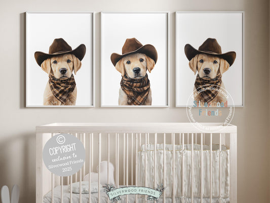 Aww, pure puppy love! Add a rustic western touch to your baby’s nursery with our Cowboy Nursery Prints, showcasing adorable blonde Labrador puppies in cowboy hats and charming brown check bandanas. Perfect for dog-loving families, this sweet artwork brings warmth, personality, and makes a thoughtful baby shower gift.