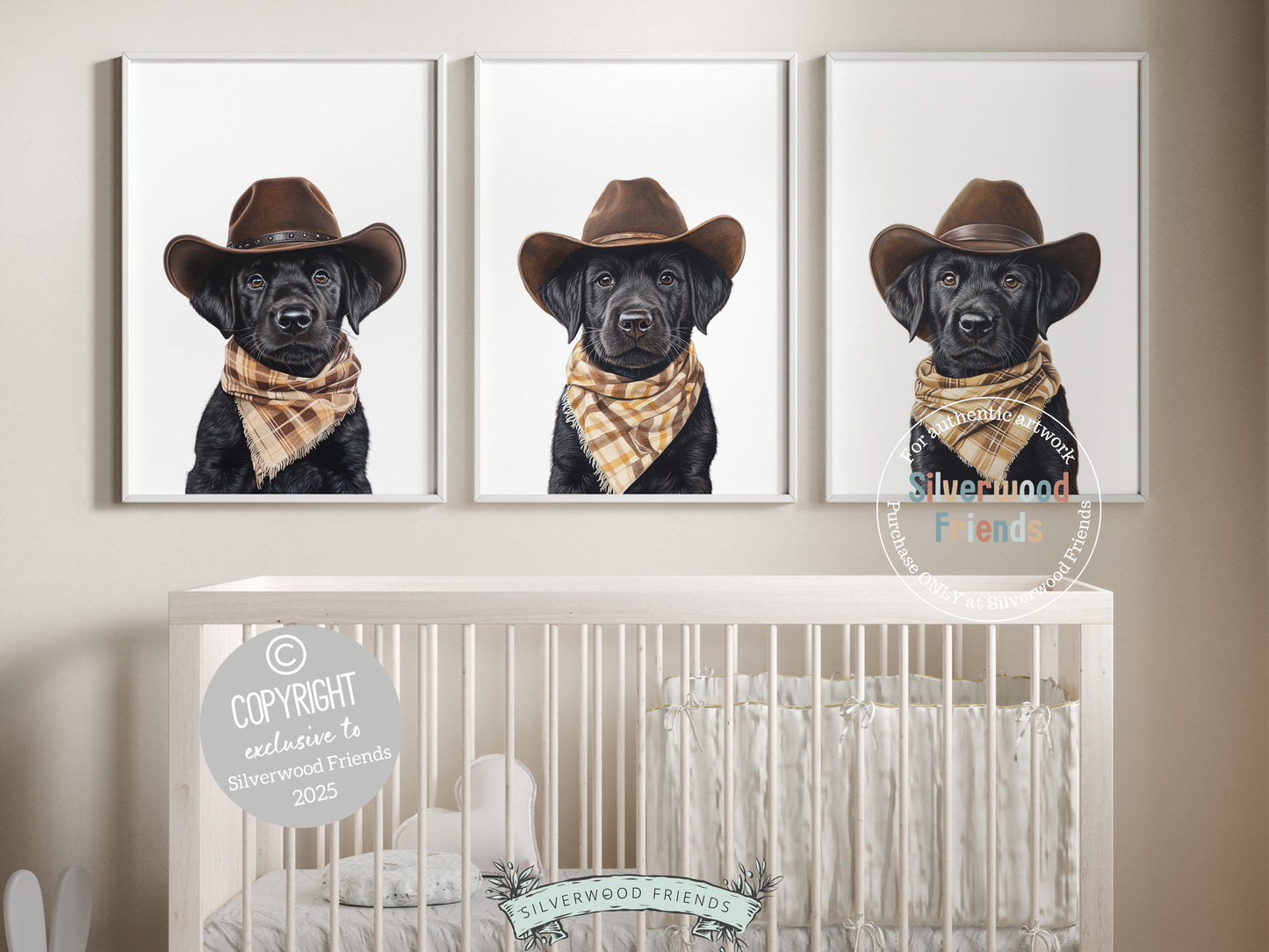 Aww! Cuteness overload! Add a touch of rustic charm to your baby&#39;s nursery with our Cowboy Nursery Prints, featuring adorable black Labrador puppies dressed in cowboy hats and neutral brown check bandanas. Perfect for dog-loving families, this heartwarming artwork brings a playful western vibe and makes a thoughtful baby shower gift.