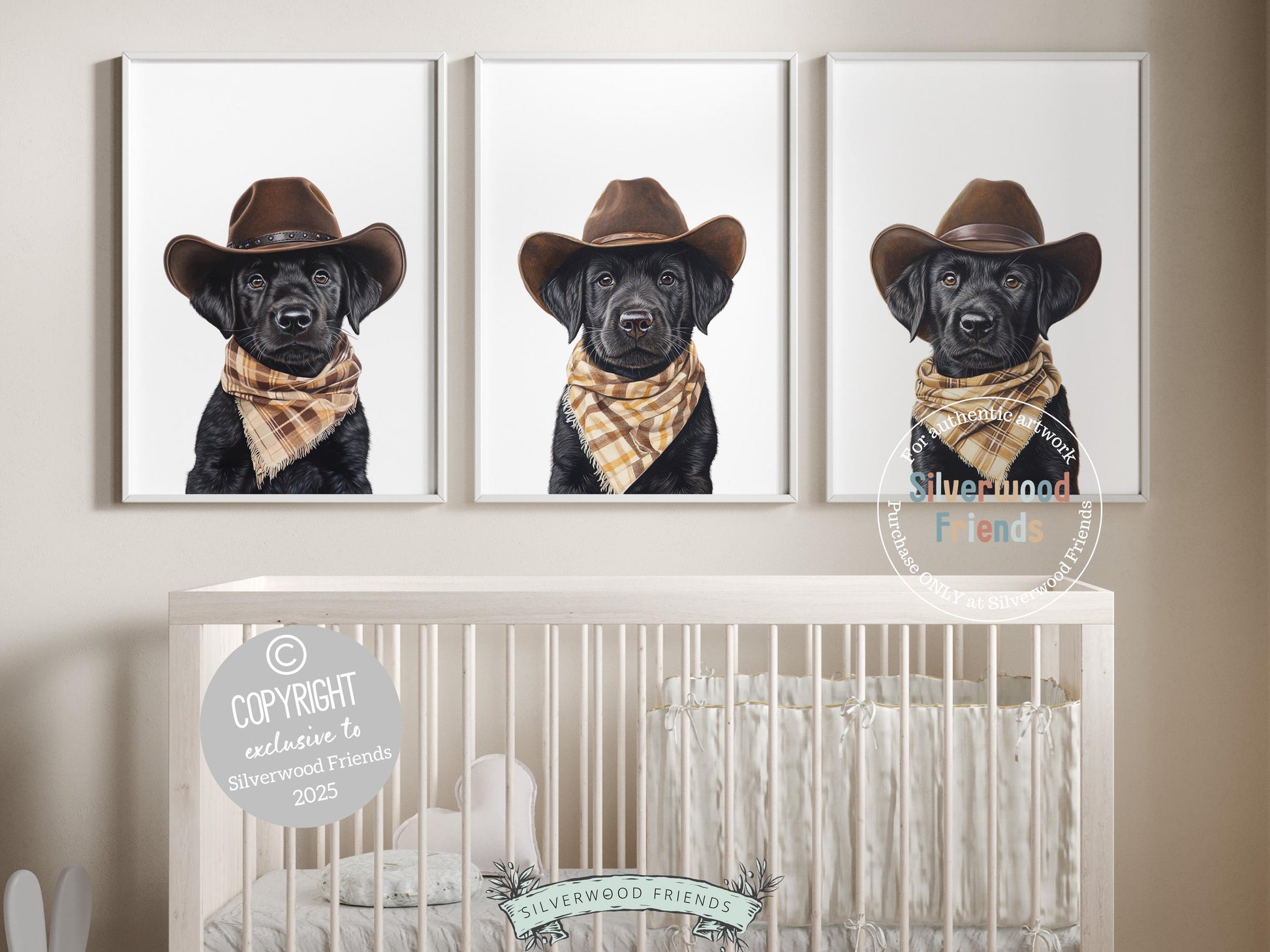 Aww! Cuteness overload! Add a touch of rustic charm to your baby&#39;s nursery with our Cowboy Nursery Prints, featuring adorable black Labrador puppies dressed in cowboy hats and neutral brown check bandanas. Perfect for dog-loving families, this heartwarming artwork brings a playful western vibe and makes a thoughtful baby shower gift.