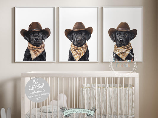 Aww! Cuteness overload! Add a touch of rustic charm to your baby&#39;s nursery with our Cowboy Nursery Prints, featuring adorable black Labrador puppies dressed in cowboy hats and neutral brown check bandanas. Perfect for dog-loving families, this heartwarming artwork brings a playful western vibe and makes a thoughtful baby shower gift.