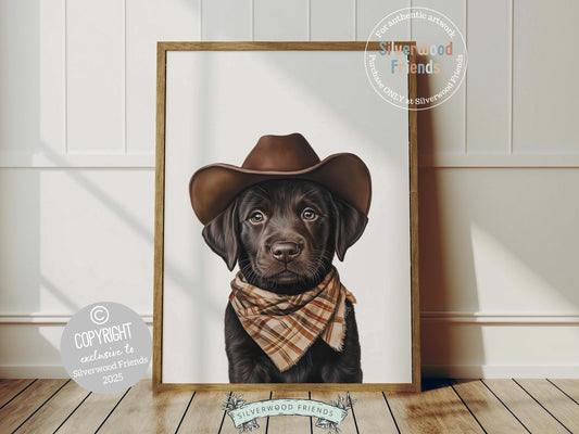 Aww, total cuteness! Add a rustic western touch to your baby’s nursery with our Cowboy Nursery Print, featuring an adorable chocolate brown Labrador puppy sporting a cowboy hat and a neutral brown check bandana. Perfect for dog-loving families, this sweet artwork brings playful charm and makes a thoughtful baby shower gift.