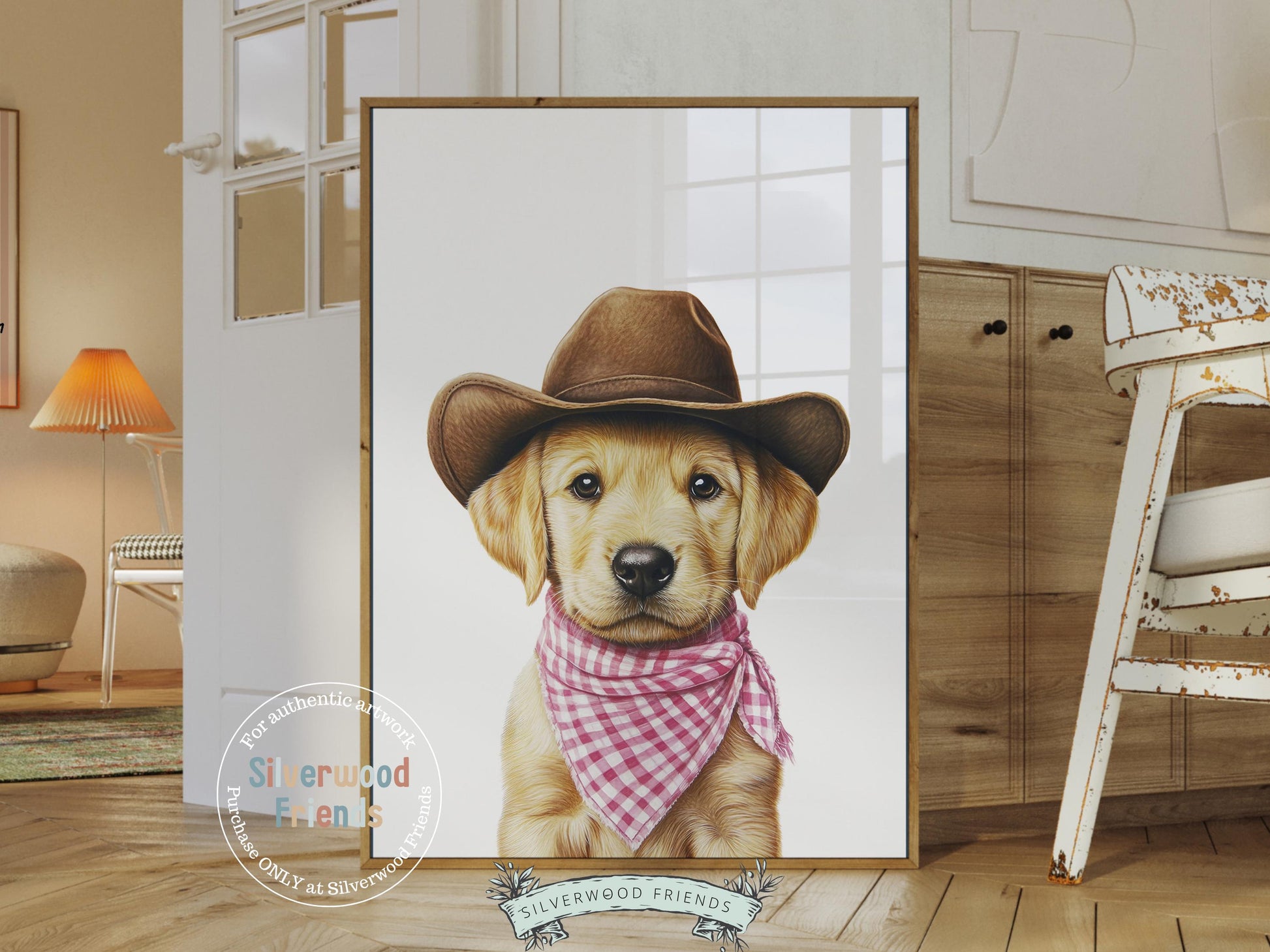 Labrador Dog Cowboy Hat Print, Baby Girl Pink Cowboy Western Dog Nursery Decor, Nursery Wall Art, Pink Cowgirl Labrador Dog Digital Print