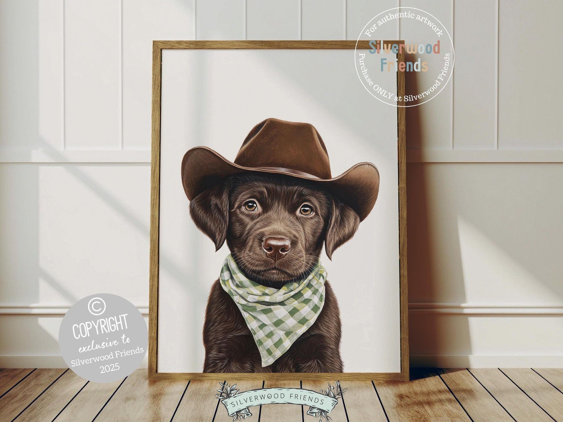 Aww, pure puppy charm! Add a cozy western touch to your baby’s nursery with our Cowboy Nursery Print, featuring the sweetest chocolate brown Labrador puppy in a cowboy hat and sage green check bandana. Perfect for dog-loving families, this adorable artwork brings playful charm and makes a heartfelt baby shower gift.