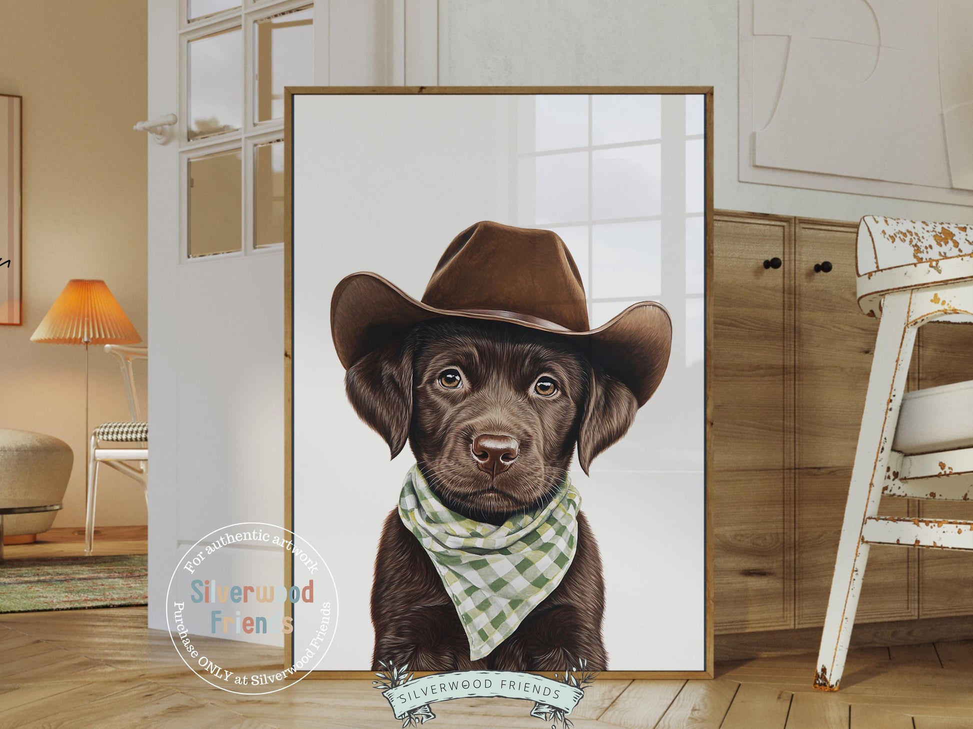 Labrador Dog Cowboy Hat Print, Neutral Cowboy Western Nursery Decor, Sage Green Nursery Wall Art, Mudroom Decor Labrador Dog Digital Print