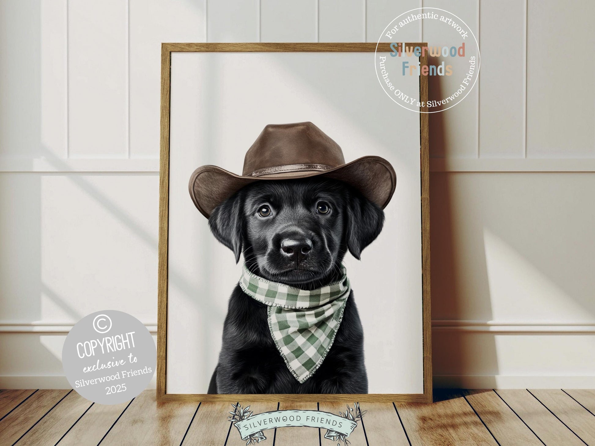 Aww, cuteness overload! Add a dash of western charm to your baby’s nursery with our Cowboy Nursery Print, featuring an irresistibly sweet black Labrador puppy in a cowboy hat and sage green check bandana. Perfect for dog-loving families, this delightful artwork adds a playful touch and makes the perfect baby shower gift.
