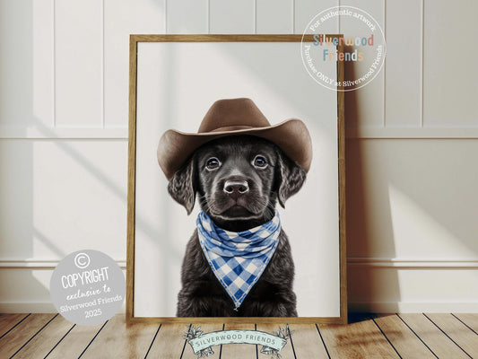 Aww, cuteness overload! Add a dash of western charm to your baby’s nursery with our Cowboy Nursery Print, featuring an irresistibly sweet black Labrador puppy in a cowboy hat and blue check bandana. Perfect for dog-loving families, this delightful artwork adds a playful touch and makes the perfect baby shower gift.