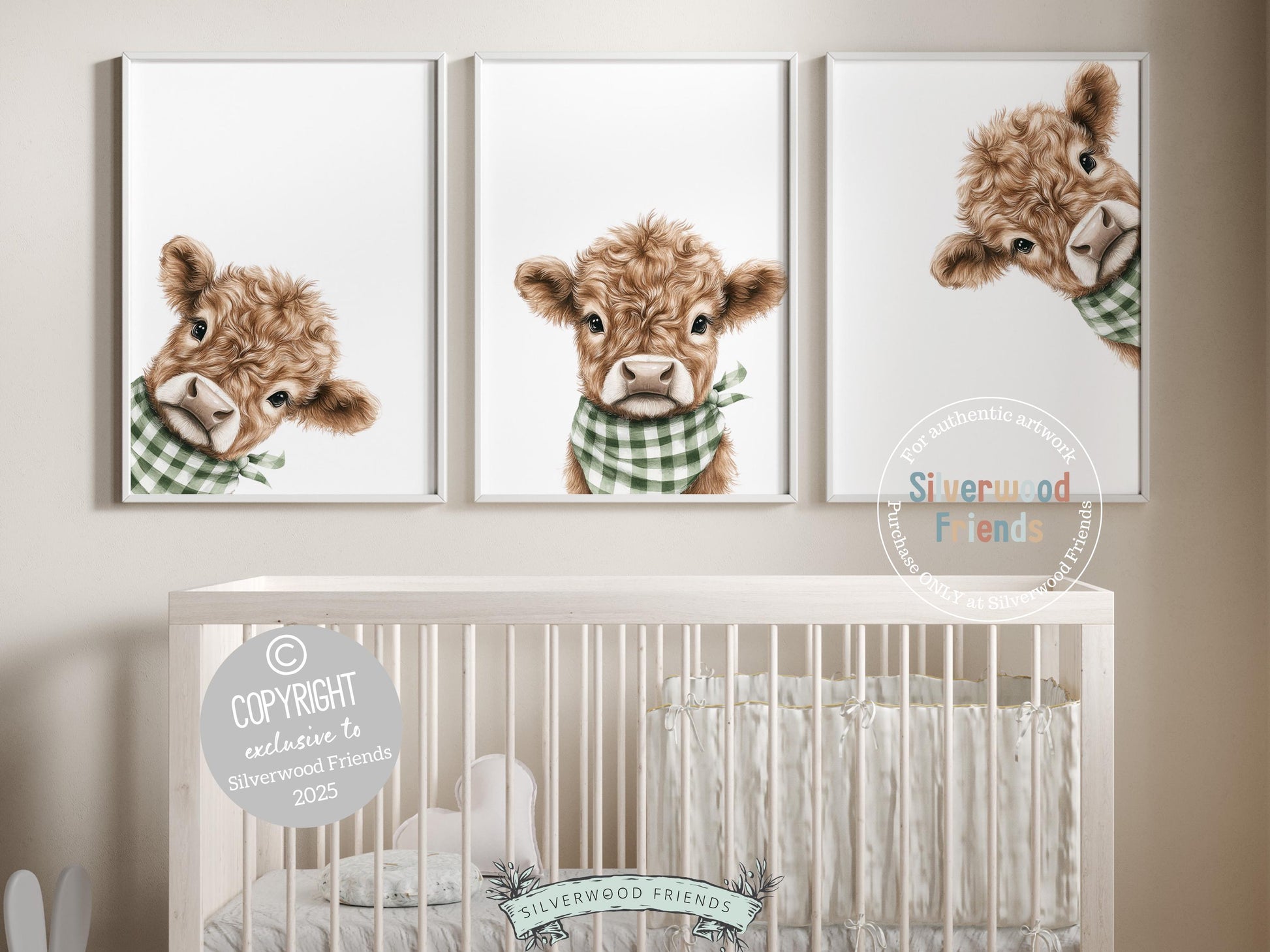 Peeking Highland Cow Nursery Print, Sage Green Highland Cow Nursery Decor, Highland Cow Gift, Kids Room Farm Animal Wall Decor Digital Print