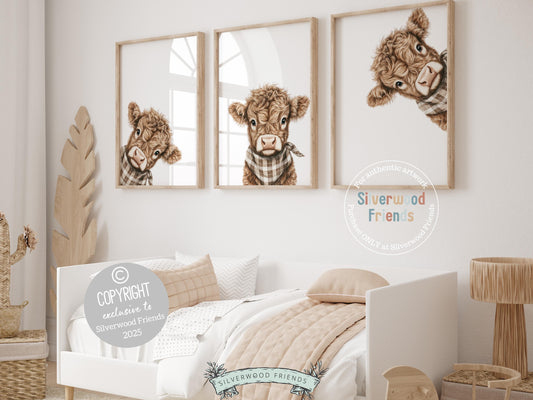 Our Peeking Highland Cow Nursery Prints feature adorable watercolor baby cows wearing neutral brown and white plaid bandanas for a sweet farmhouse touch. Part of our BEST SELLING collection exclusive to Silverwood Friends, these prints are perfect for a farm-themed nursery and make a unique gender neutral baby shower gift that’s sure to be cherished.