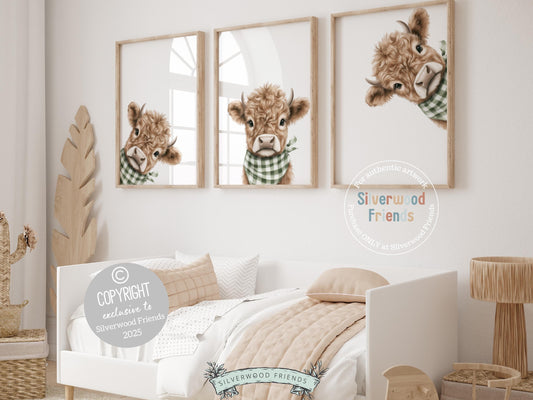 Meet the cutest little calves around! Our Peeking Highland Cow Nursery Prints feature sweet baby cows with tiny horns and green and white plaid bandanas—perfect for adding a cozy farmhouse touch. Part of our BEST SELLING collection exclusive to Silverwood Friends, these prints make an adorable addition to any farm-themed nursery and a baby shower gift that’s sure to be treasured. 🐮💚