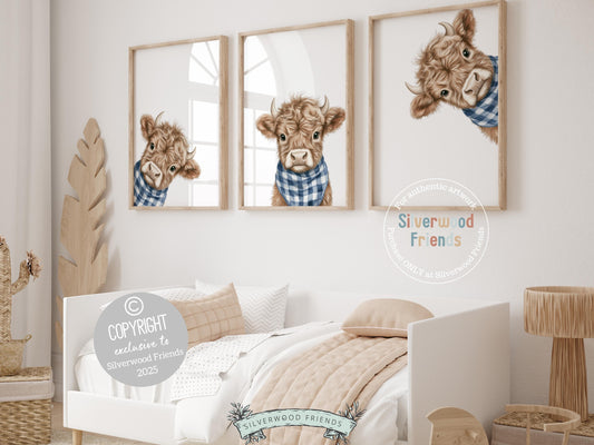 Giddy up and meet our Peeking Highland Cow Nursery Prints—featuring the cutest little calves with tiny horns, decked out in blue and white plaid bandanas for that perfect western flair! Part of our BEST SELLING Silverwood Friends collection, these prints bring a playful cowboy charm to any farm-style nursery and make a rootin’ tootin’ adorable baby shower gift. 🐮🤠💙