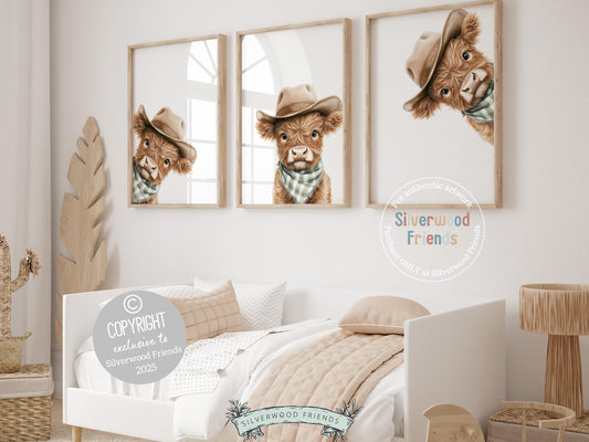 Meet the cutest little calves around! Our Peeking Highland Cow Nursery Prints feature sweet baby cows wearing cowboy hats and green and white plaid bandanas—perfect for adding a cozy farmhouse touch. Part of our BEST SELLING collection exclusive to Silverwood Friends, these prints make an adorable addition to any farm-themed nursery and a baby shower gift that’s sure to be treasured. 🐮💚
