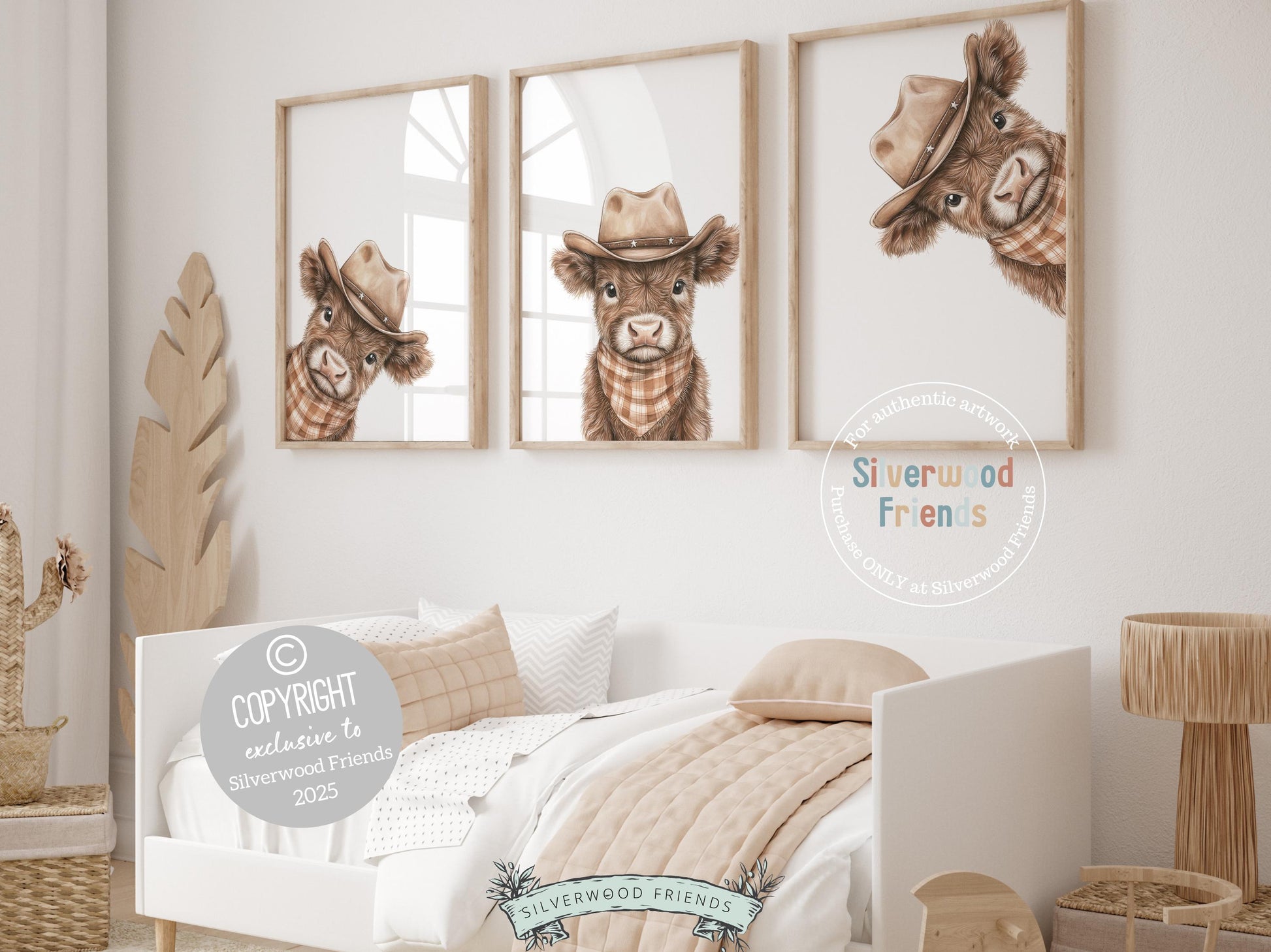 Our Peeking Baby Highland Cow Nursery Prints feature adorable baby cows wearing a cowboy hat and neutral brown and white plaid bandanas for a sweet farmhouse touch. Part of our BEST SELLING collection exclusive to Silverwood Friends, these prints are perfect for a farm-themed nursery and make a unique gender neutral baby shower gift that’s sure to be cherished.