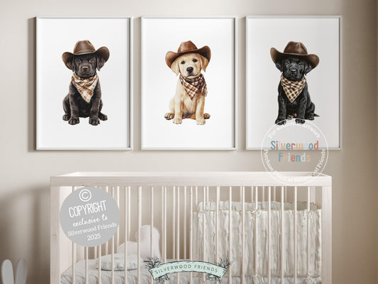 Cuteness overload! Add a dash of rustic charm to your baby’s nursery with our Cowboy Nursery Prints, featuring adorable chocolate, yellow, and black Labrador puppies sitting all decked out in cowboy hats and neutral brown check bandanas. Perfect for dog-loving families, this charming artwork brings a playful western vibe and makes a meaningful, one-of-a-kind baby shower