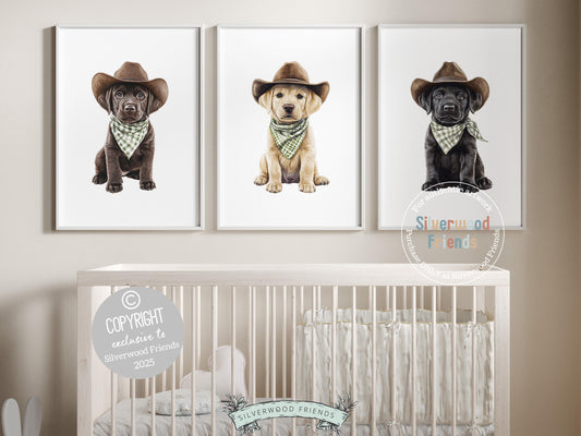Cuteness overload! Add rustic charm to your baby’s nursery with our Cowboy Nursery Prints, featuring lovable chocolate, yellow, and black Labrador puppies sitting all dressed in cowboy hats and sage green check bandanas. Perfect for dog-loving families, this heartwarming artwork brings a fun western vibe and makes a unique, thoughtful baby shower gift.