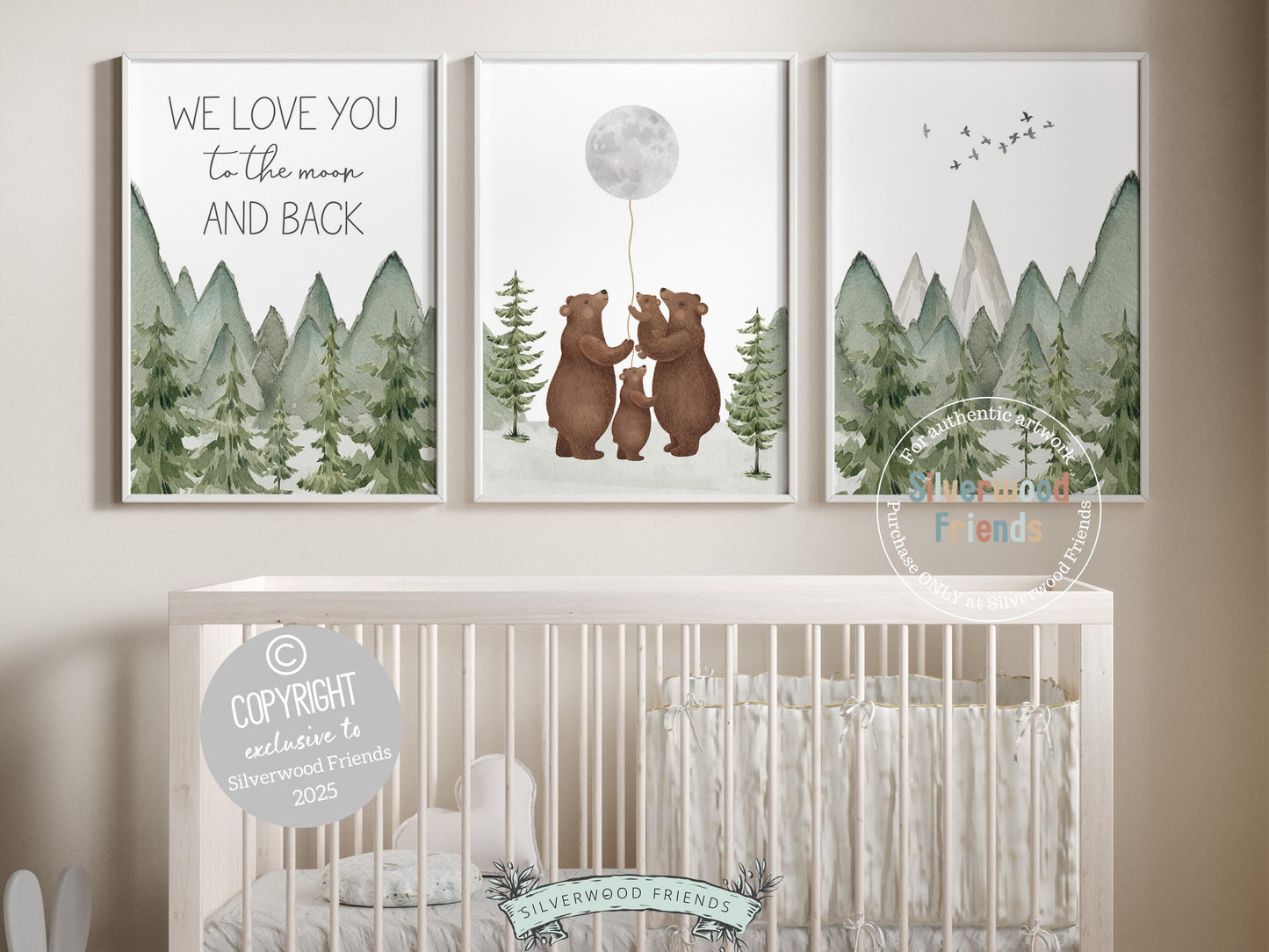 Transform your nursery decor with our enchanting Set of 3 Bear Nursery Prints featuring a family of bears holding the moon and quote &quot;We love you to the moon and back&quot; and set against a watercolor mountain and woodland forest landscape. It&#39;s ideal for your woodland nursery and makes a unique baby shower gift.