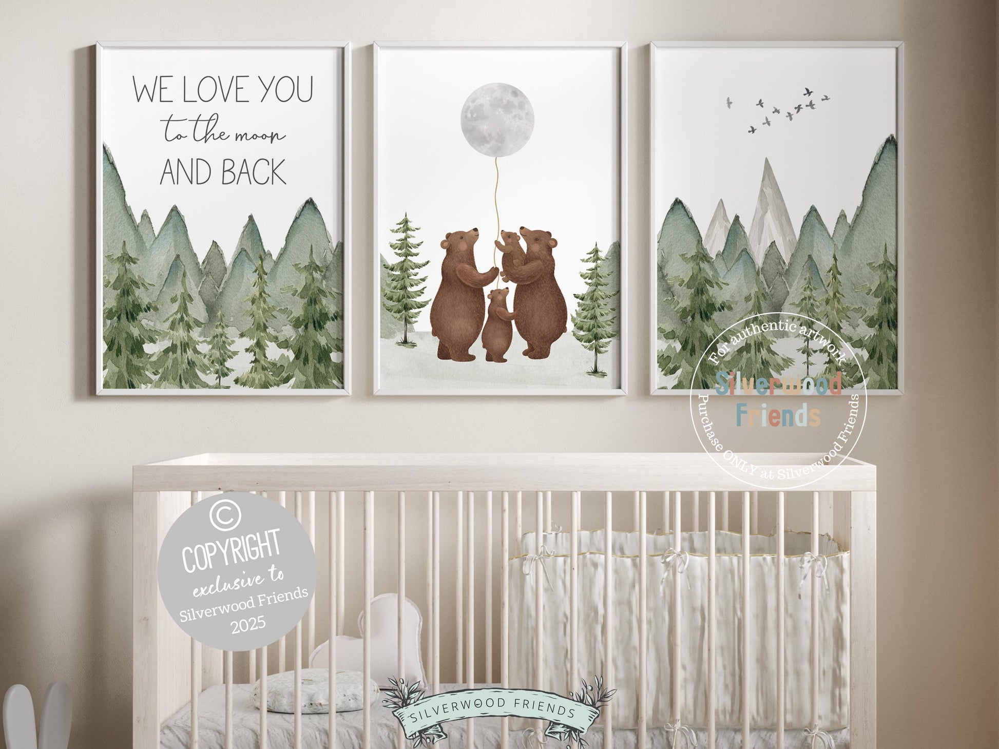 Transform your nursery decor with our enchanting Set of 3 Bear Nursery Prints featuring a family of bears holding the moon and quote &quot;We love you to the moon and back&quot; and set against a watercolor mountain and woodland forest landscape. It&#39;s ideal for your woodland nursery and makes a unique baby shower gift.