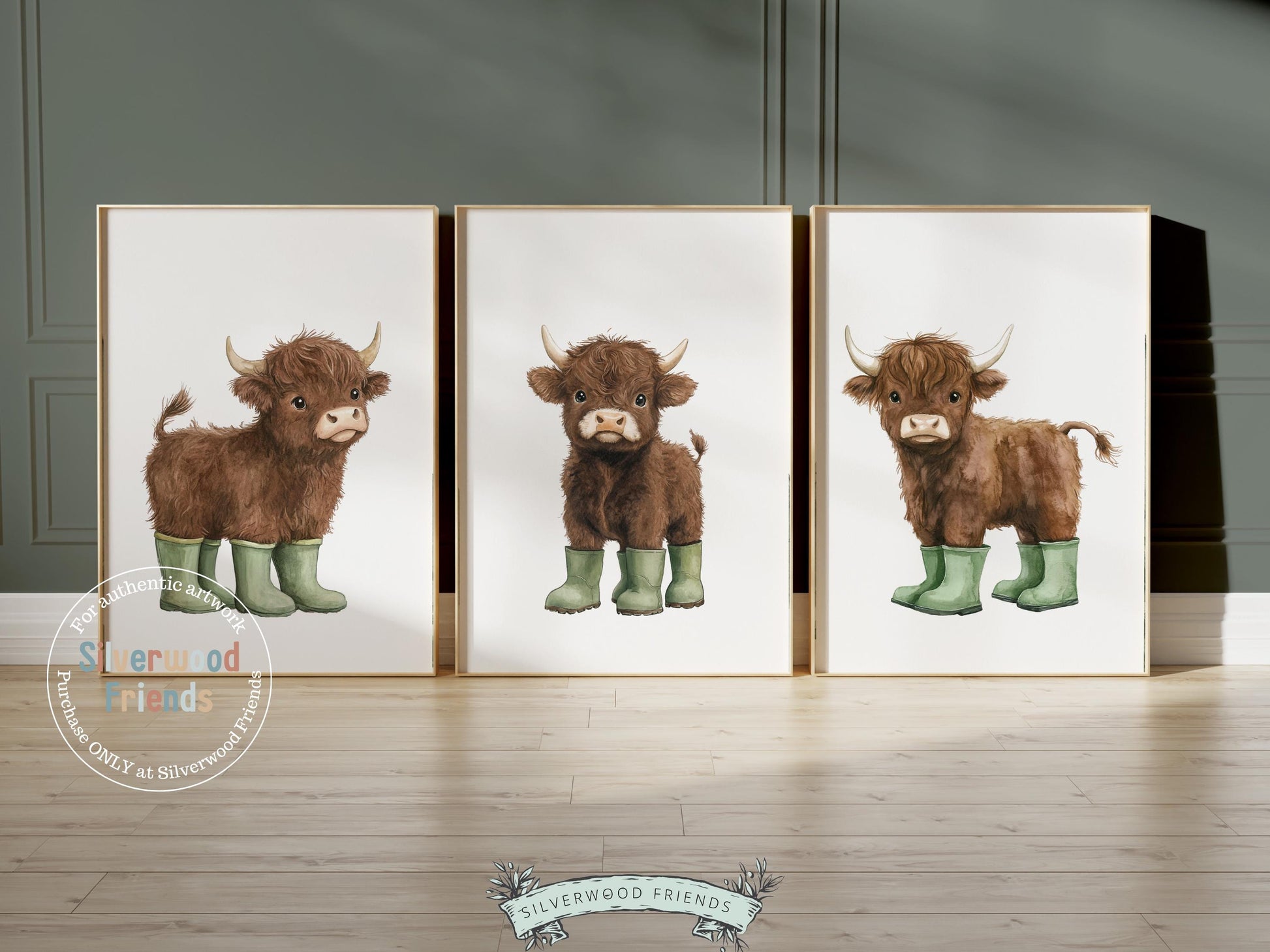 Highland Cow Nursery Prints, Sage Green Highland Cow Nursery Decor, Watercolor Highland Cow Gift, Kids Farm Bedroom Wall Decor Digital Print