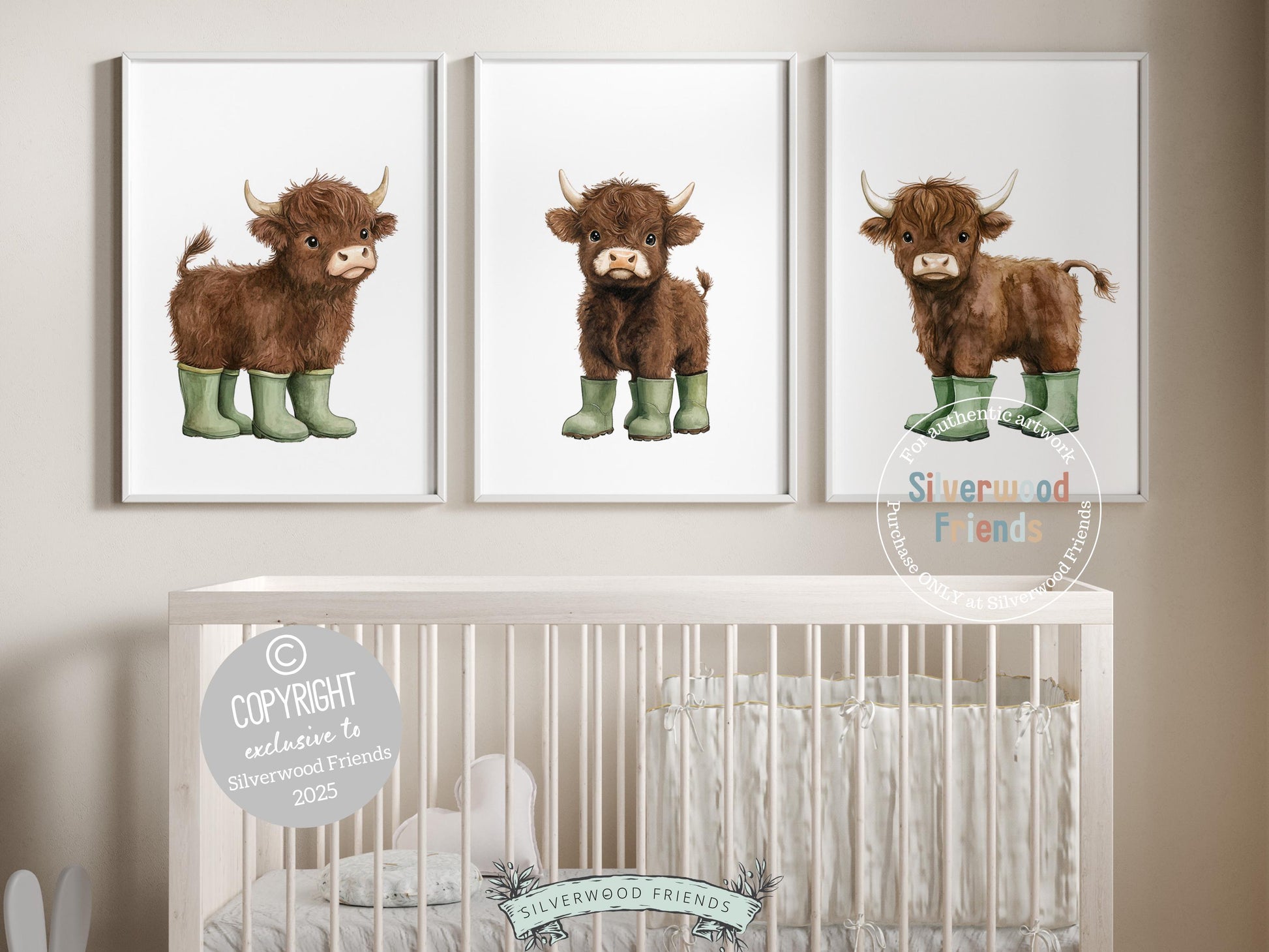 Highland Cow Nursery Prints, Sage Green Highland Cow Nursery Decor, Watercolor Highland Cow Gift, Kids Farm Bedroom Wall Decor Digital Print
