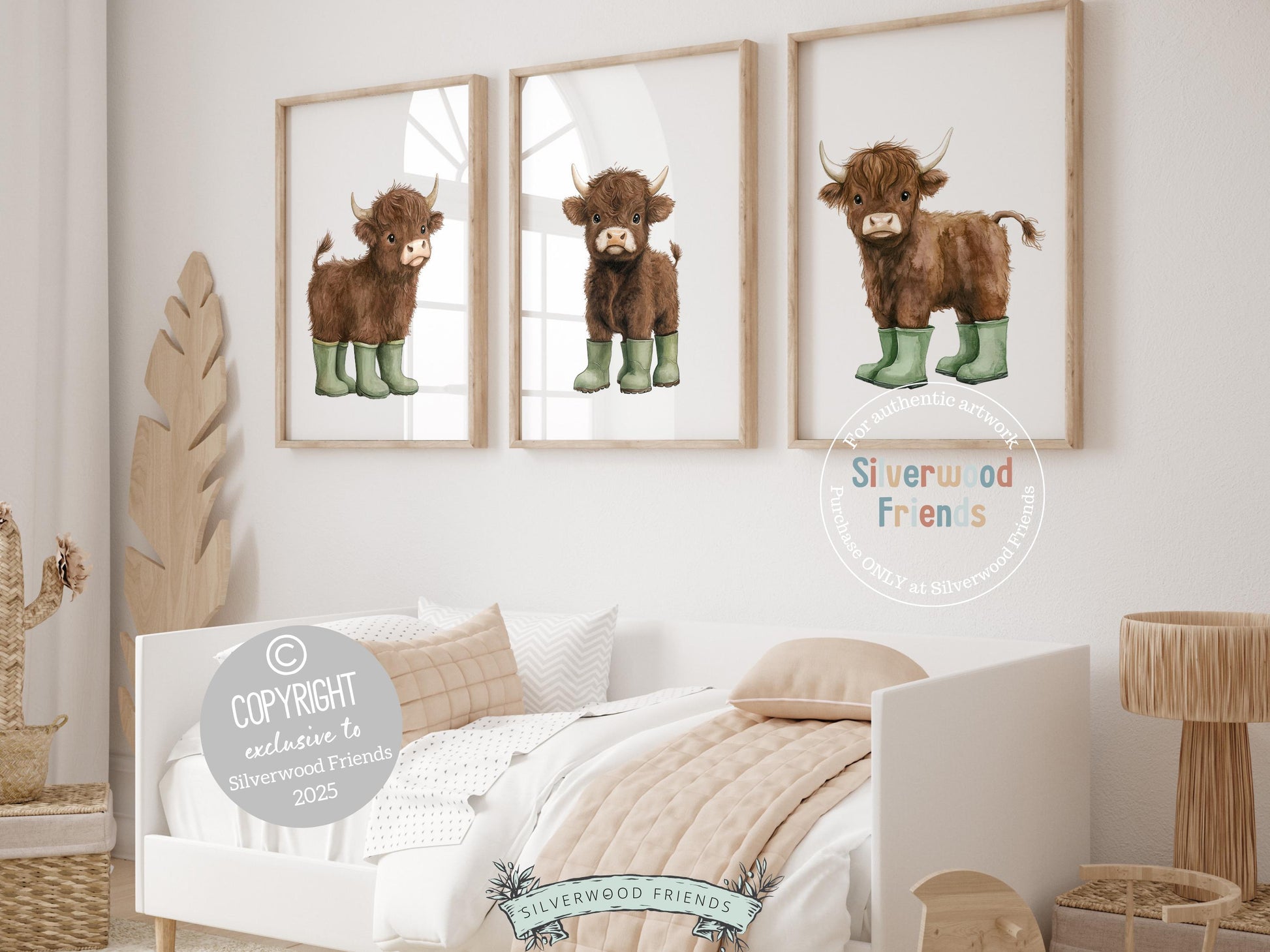 Our charming Highland Cow Prints showcase adorable watercolor brown baby highland cows in sage green rain boots, bringing the perfect blend of rustic charm and whimsy to any space. Designed for versatility, these prints make a delightful addition to both nursery decor and farmhouse mudroom wall art and make an adorable gender neutral farm baby shower gift!
