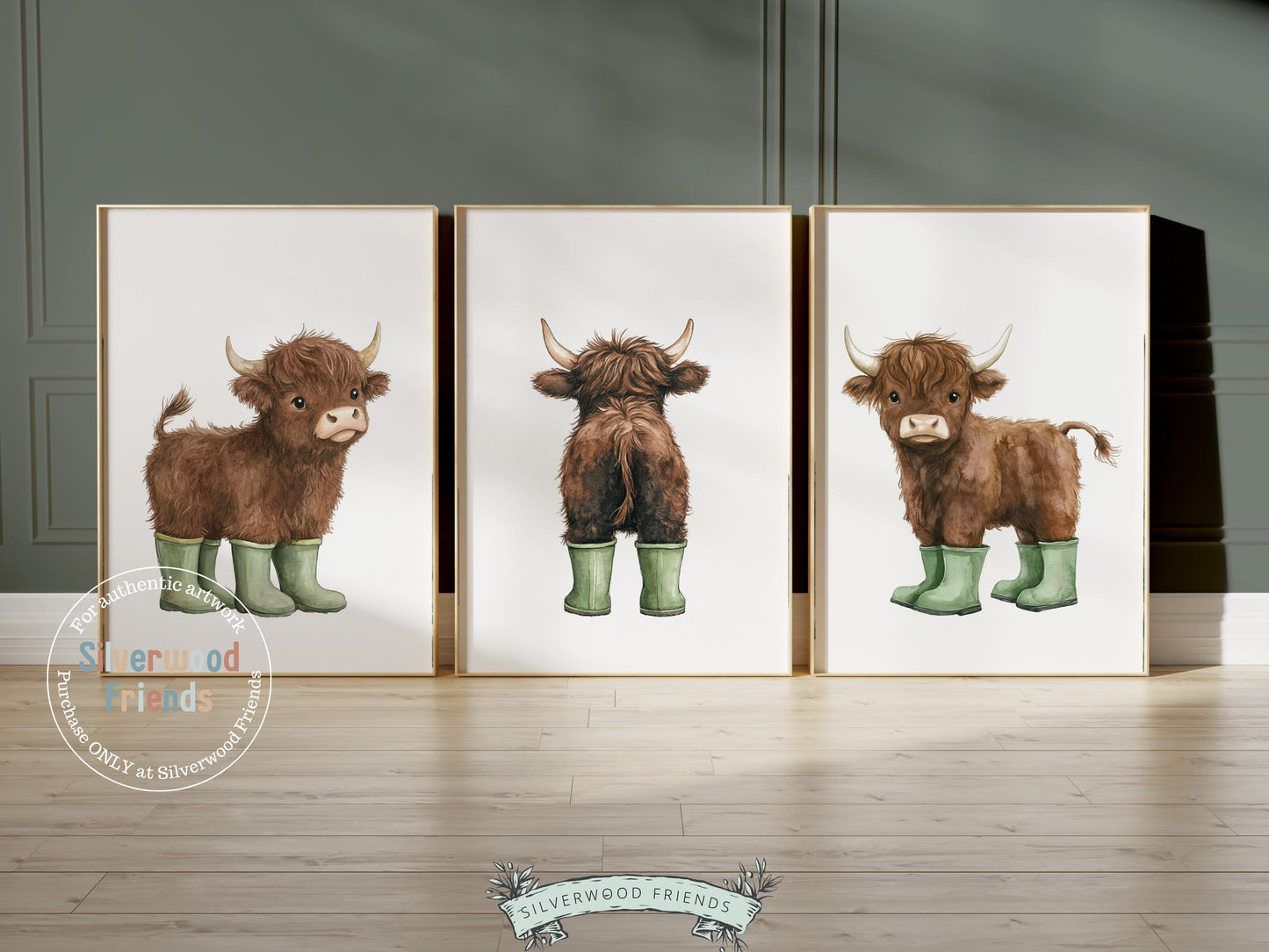 Highland Cow Nursery Prints, Sage Green Highland Cow Nursery Decor, Watercolor Highland Cow Gift, Kids Farm Bedroom Wall Decor Digital Print
