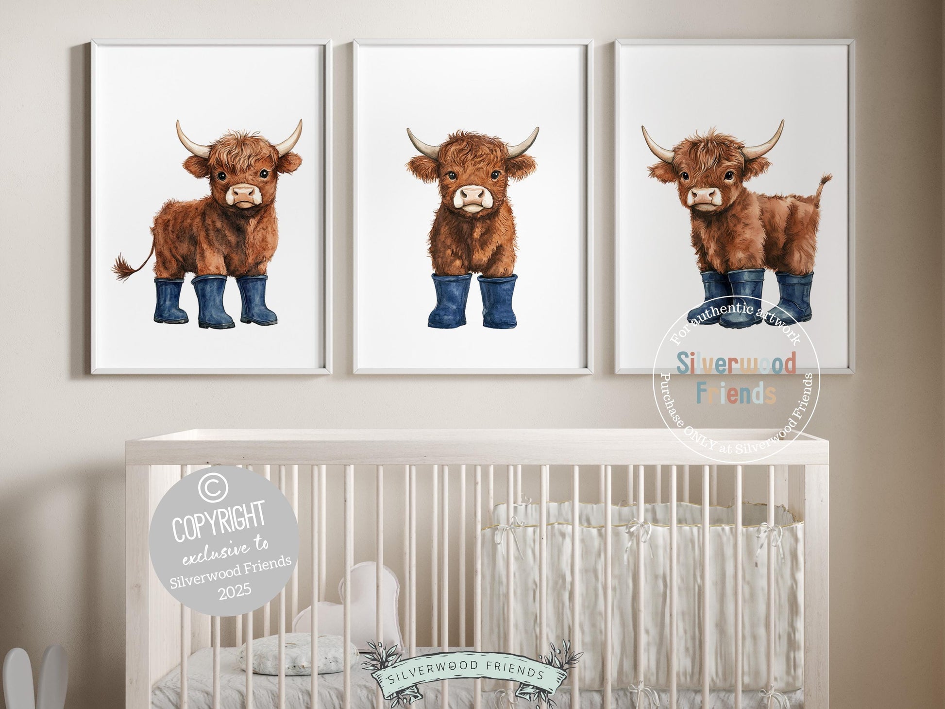 Highland Cow Nursery Prints, Navy Blue Highland Cow Nursery Decor, Watercolor Highland Cow Gift, Kids Farm Bedroom Wall Decor Digital Print