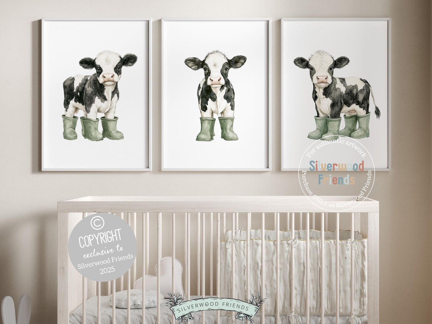 Cow Nursery Prints, Sage Green Highland Cow Nursery Decor, Black and White Cow Picture, Neutral Cowboy Western Nursery Decor Digital Print