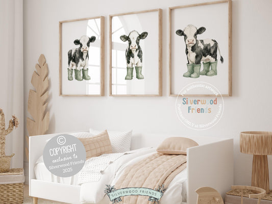 Our charming Highland Cow Prints showcase adorable watercolor black and white cows in sage green rain boots, bringing the perfect blend of rustic charm and whimsy to any space. Designed for versatility, these prints make a delightful addition to both nursery decor and farmhouse mudroom wall art and make an adorable gender neutral farm baby shower gift!