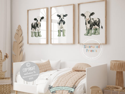 Our charming Highland Cow Prints showcase adorable watercolor black and white cows in sage green rain boots, bringing the perfect blend of rustic charm and whimsy to any space. Designed for versatility, these prints make a delightful addition to both nursery decor and farmhouse mudroom wall art and make an adorable gender neutral farm baby shower gift!