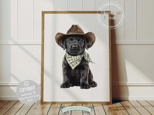 Aww, pure puppy charm! Add a cozy western touch to your baby’s nursery with our Cowboy Nursery Print, featuring the sweetest black Labrador puppy sitting in a cowboy hat and sage green check bandana. Perfect for dog-loving families, this adorable artwork brings playful charm and makes a heartfelt baby shower gift.