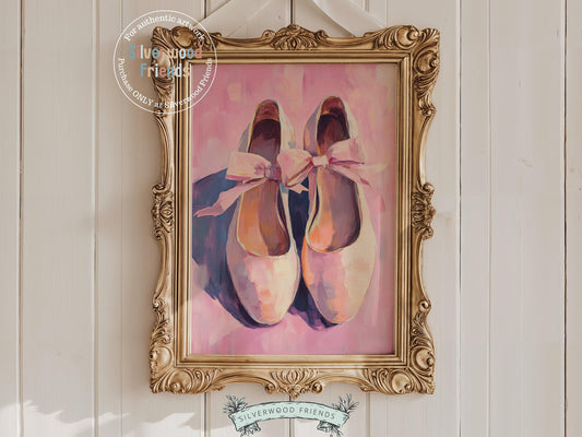 Add a touch of elegance to your baby girl&#39;s nursery with our Ballet Slipper Print, showcasing delicate pink ballet slippers in an oil-style digital painting. Perfect for ballet-themed nurseries or dance-inspired bedrooms, this charming artwork sparks imagination and brings graceful beauty to any space.