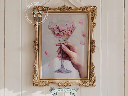 Toast to good times with our Champagne Glass Print, featuring a stylish illustration of a girl&#39;s hand holding a cocktail glass brimming with vibrant flower petals. Perfect for bar carts, party spaces, or chic home decor, this playful and colorful artwork brings a lively, feminine flair to any room.