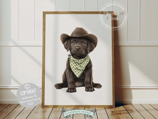 Yeehaw, meet your nursery’s newest little cowboy! Our Cowboy Nursery Print features an irresistibly sweet chocolate brown Labrador puppy nestled in a cowboy hat, sporting a sage green check bandana. A perfect pick for dog-loving families, this charming artwork adds western warmth and makes a darling baby shower gift. 🐶