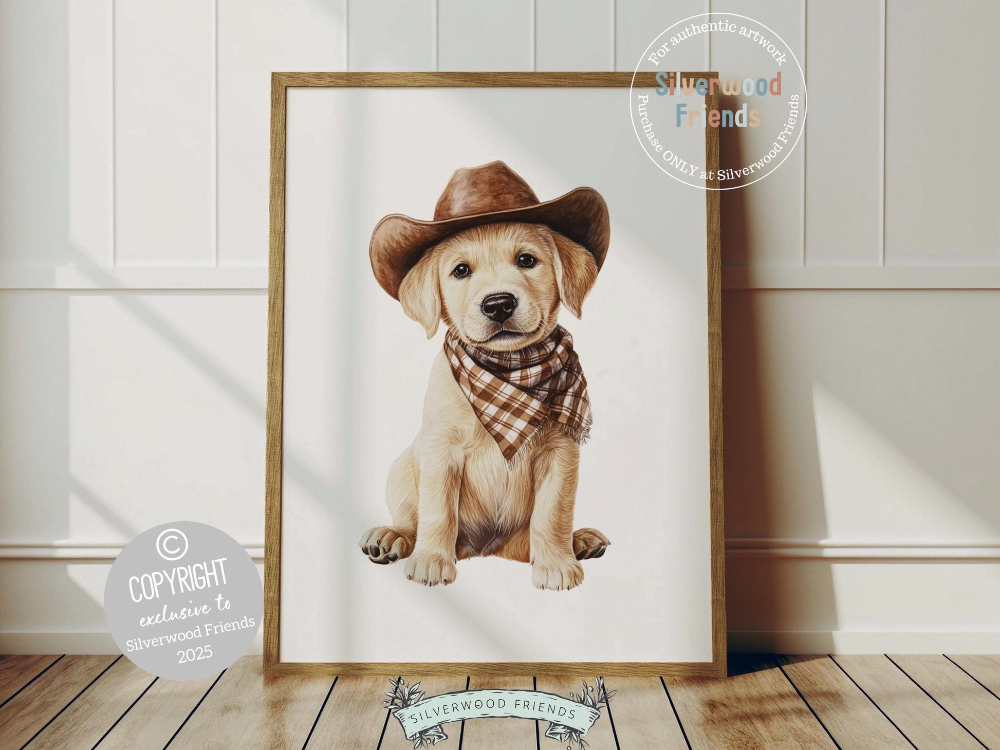 Howdy, partner! Meet your nursery’s newest cowboy—an adorable blonde Labrador puppy snuggled inside a cowboy hat and dressed in a brown check bandana. Perfect for dog-loving families, this heartwarming print brings rustic charm to any western-themed nursery and makes an unforgettable baby shower gift. 🐾🤎🤠