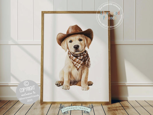 Howdy, partner! Meet your nursery’s newest cowboy—an adorable blonde Labrador puppy snuggled inside a cowboy hat and dressed in a brown check bandana. Perfect for dog-loving families, this heartwarming print brings rustic charm to any western-themed nursery and makes an unforgettable baby shower gift. 🐾🤎🤠