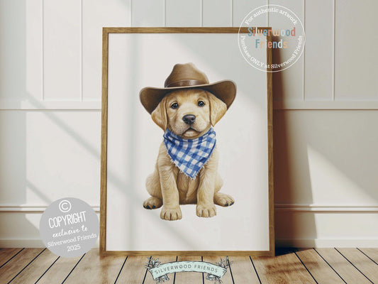 Howdy there! Say hello to the sweetest little cowboy around—a blonde Labrador puppy tucked into a cowboy hat and sporting a charming blue check bandana. Perfect for dog-loving families, this rustic western nursery print adds a cozy country vibe and makes a paws-itively adorable baby shower gift. 🐶🤠