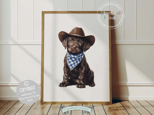 Giddy up! Say hello to your nursery’s cutest little cowboy—a sweet chocolate brown Labrador puppy cozied up in a cowboy hat and rocking a blue check bandana. Perfect for dog-loving families, this western-inspired print adds a touch of rustic charm and makes an unforgettable baby shower gift. 🐾🤎🤠
